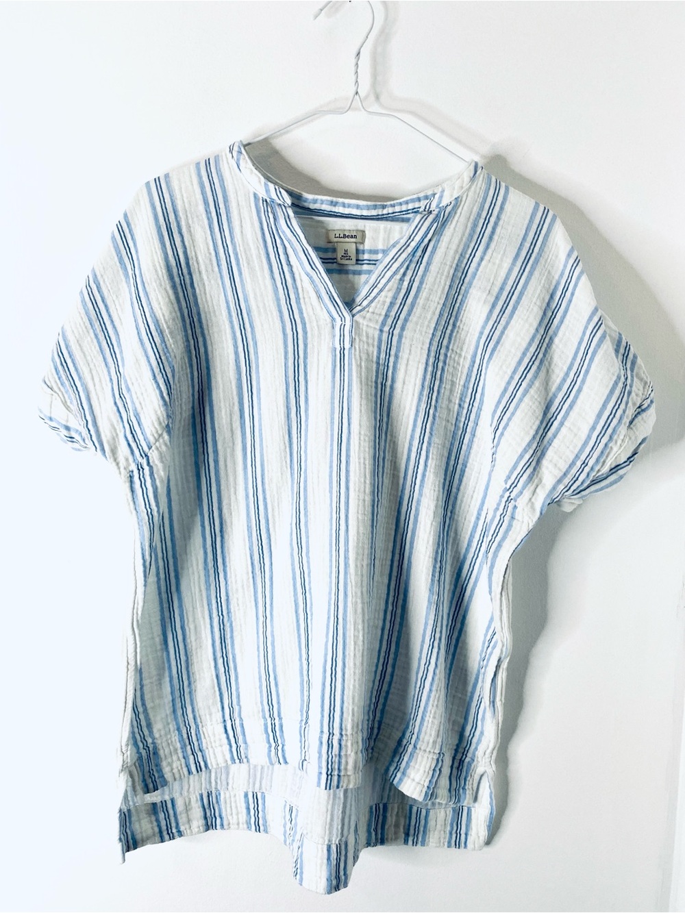L.L. Bean Blue White Striped Cotton Gauze Split Neck Blouse Top